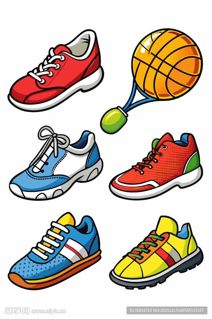 多彩运动鞋子与球类展示