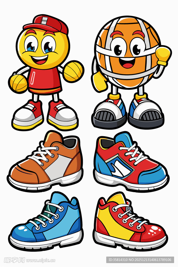 卡通角色与多彩运动鞋