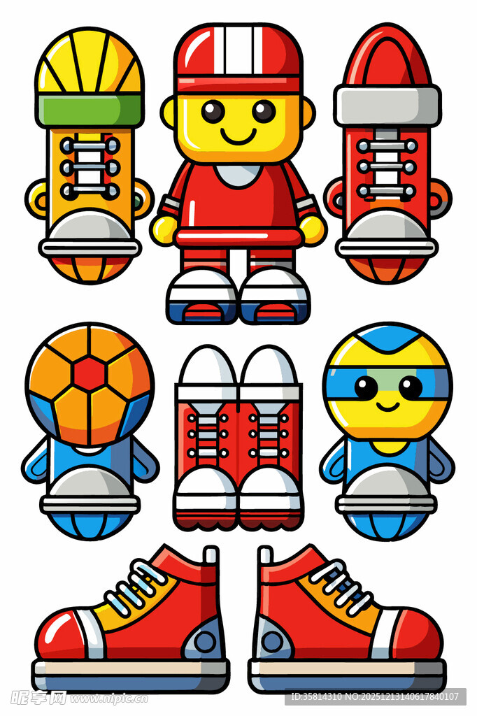 卡通人物与多彩鞋子集合
