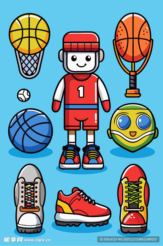 卡通风格篮球运动装备集合