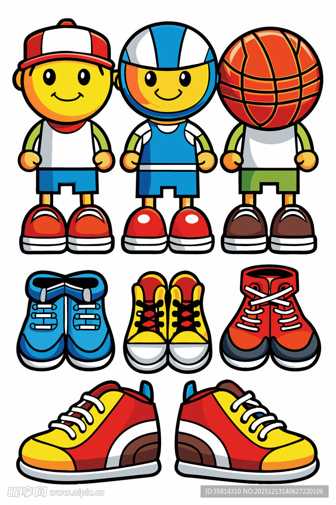 卡通人物与多彩运动鞋