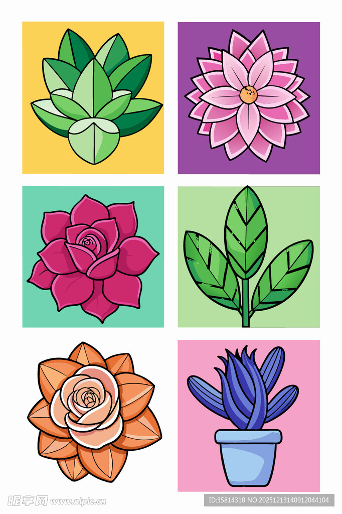 多彩盆栽花卉图案集合