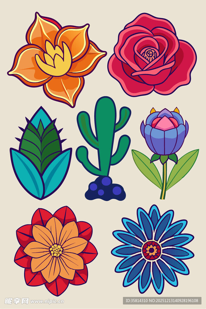 多彩花卉与仙人掌插画