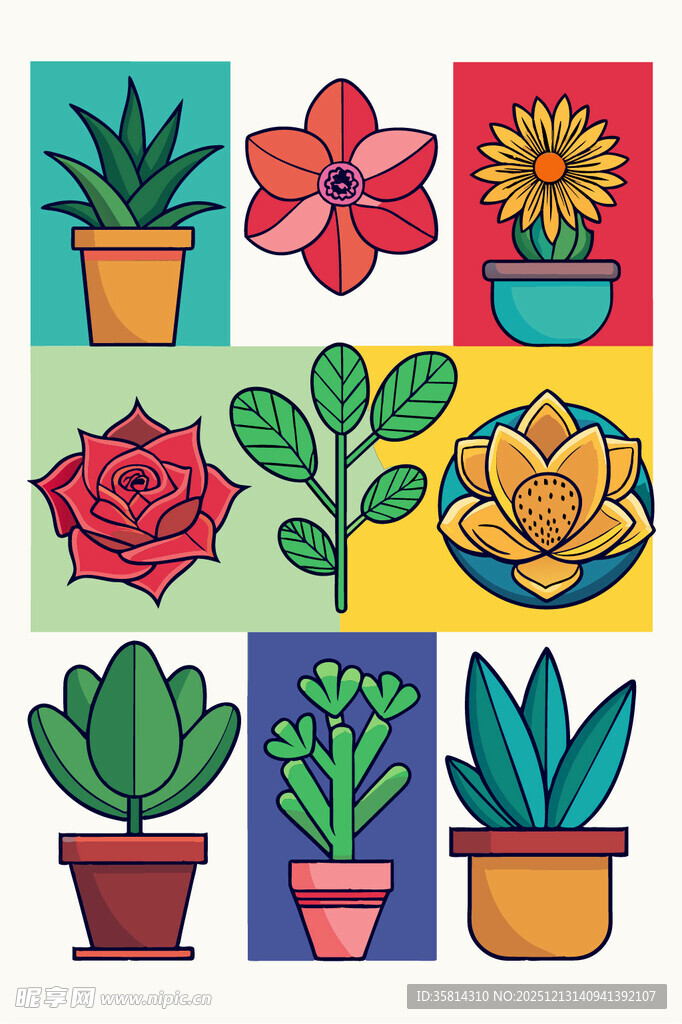 多彩盆栽插画清新植物风