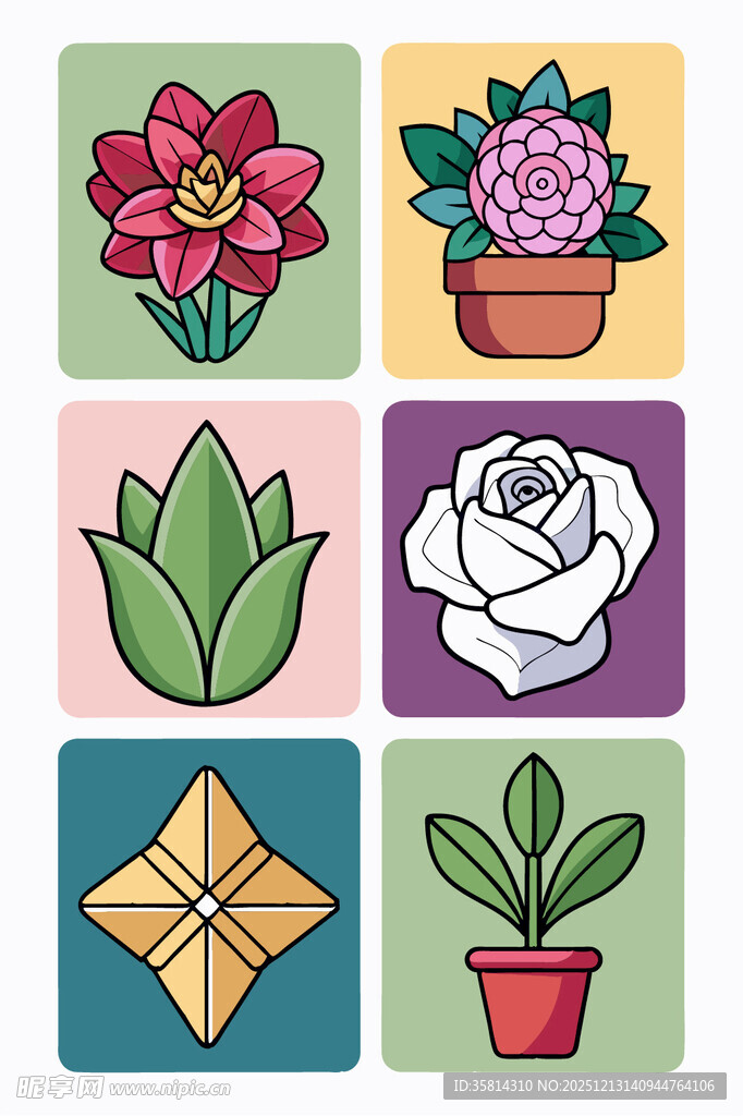 多彩盆栽花卉插画图案