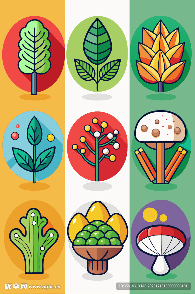 多彩植物与蘑菇图标集合