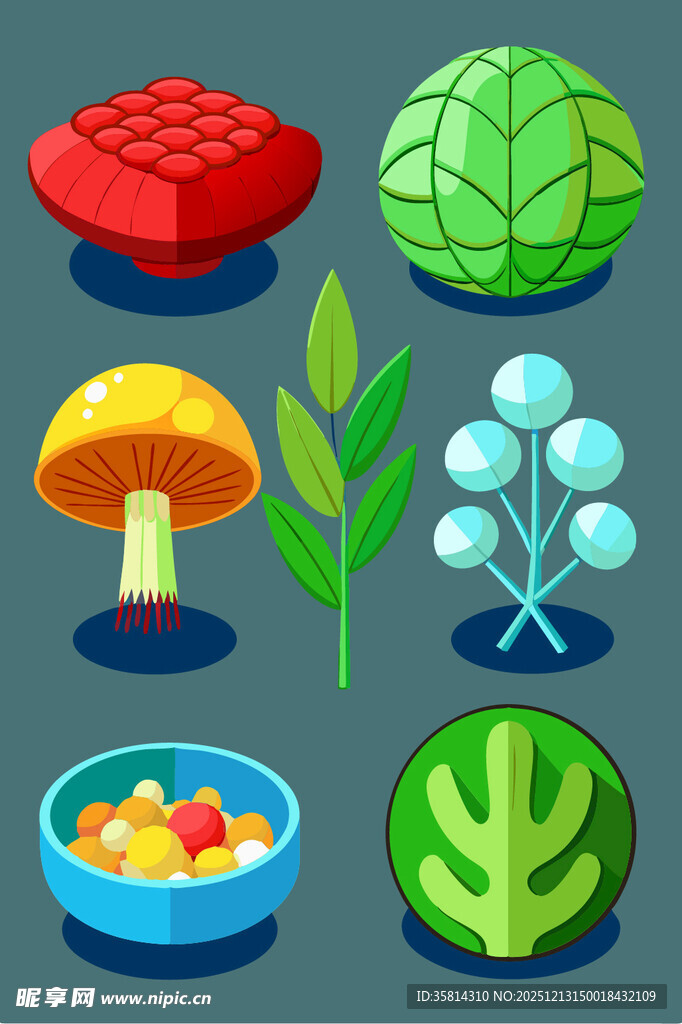 多彩卡通植物与食物集合