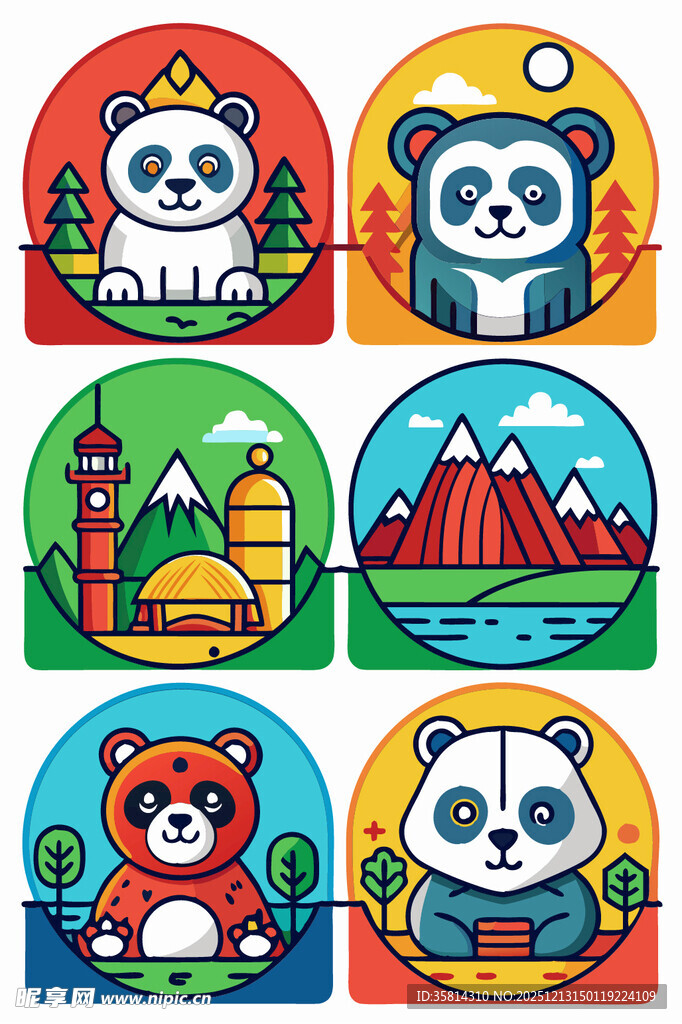 动物与地标卡通图案集合