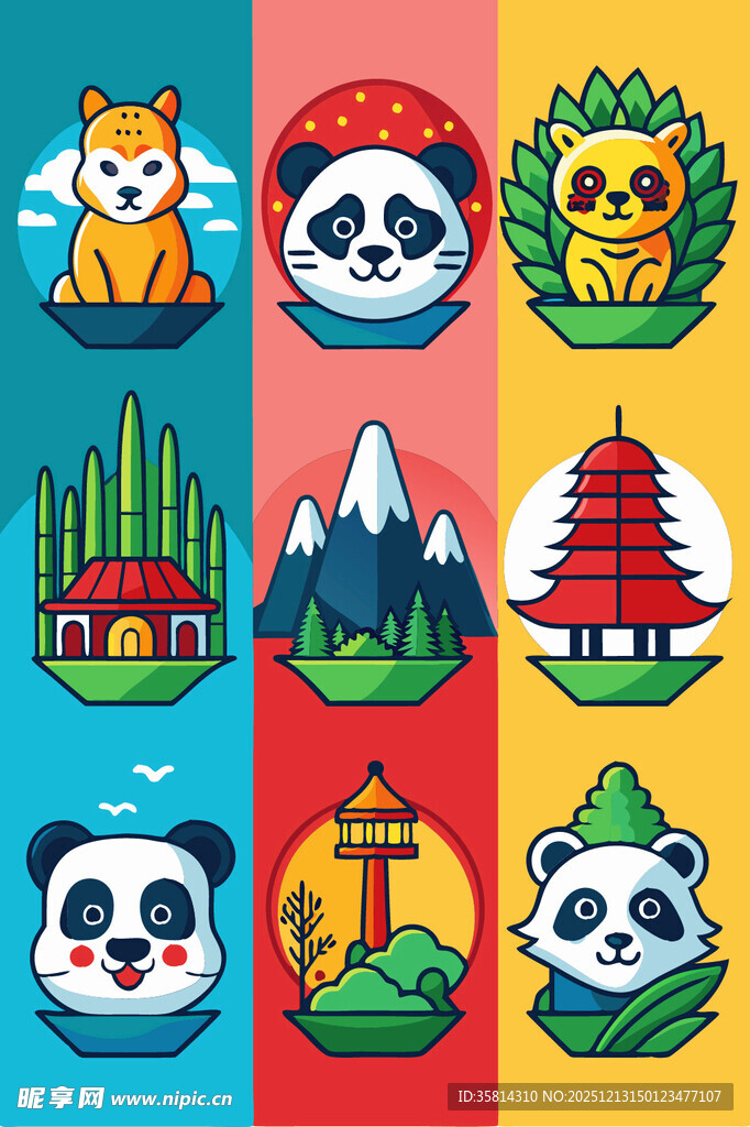 可爱动物与地标图案集合