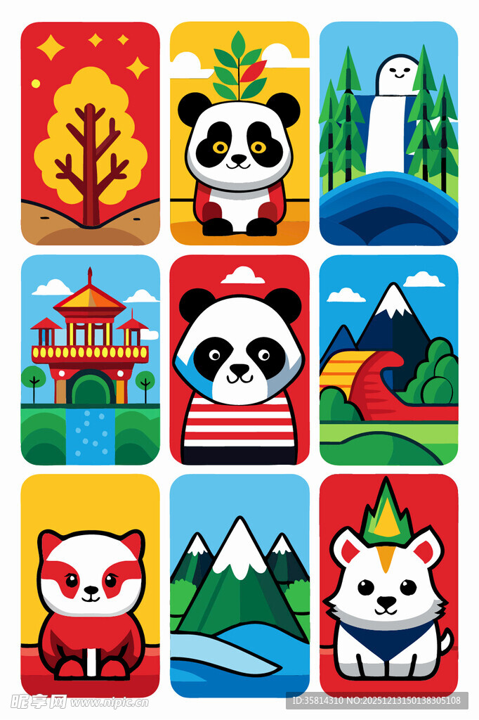 可爱熊猫与风景图标集合