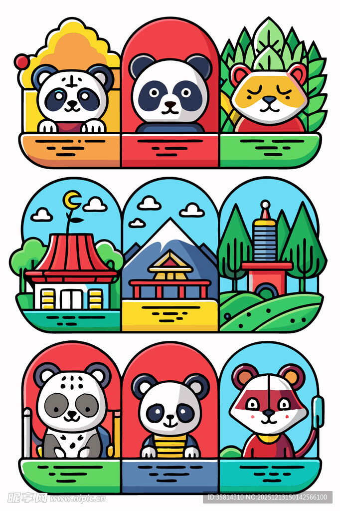 可爱动物与中式建筑插画