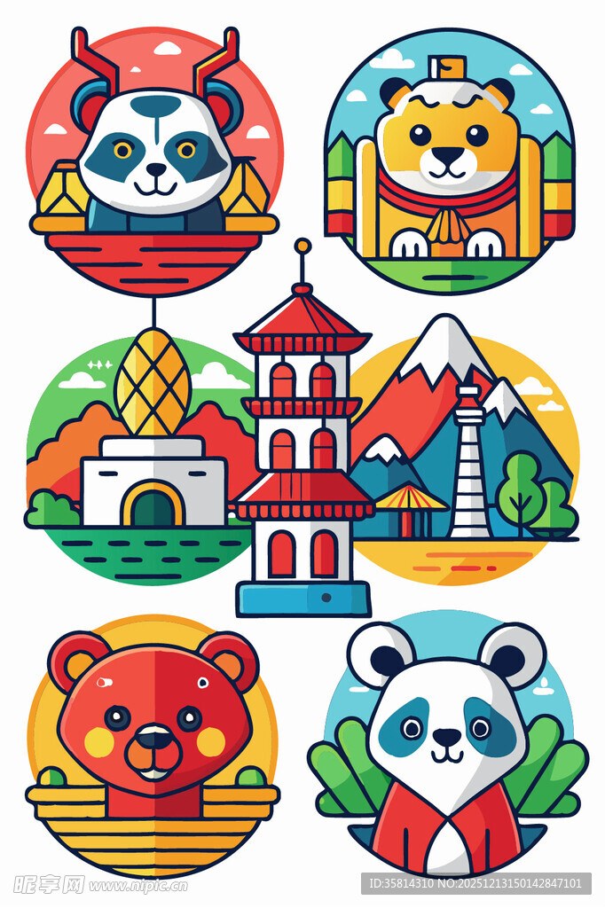 中国风动物与建筑图标集