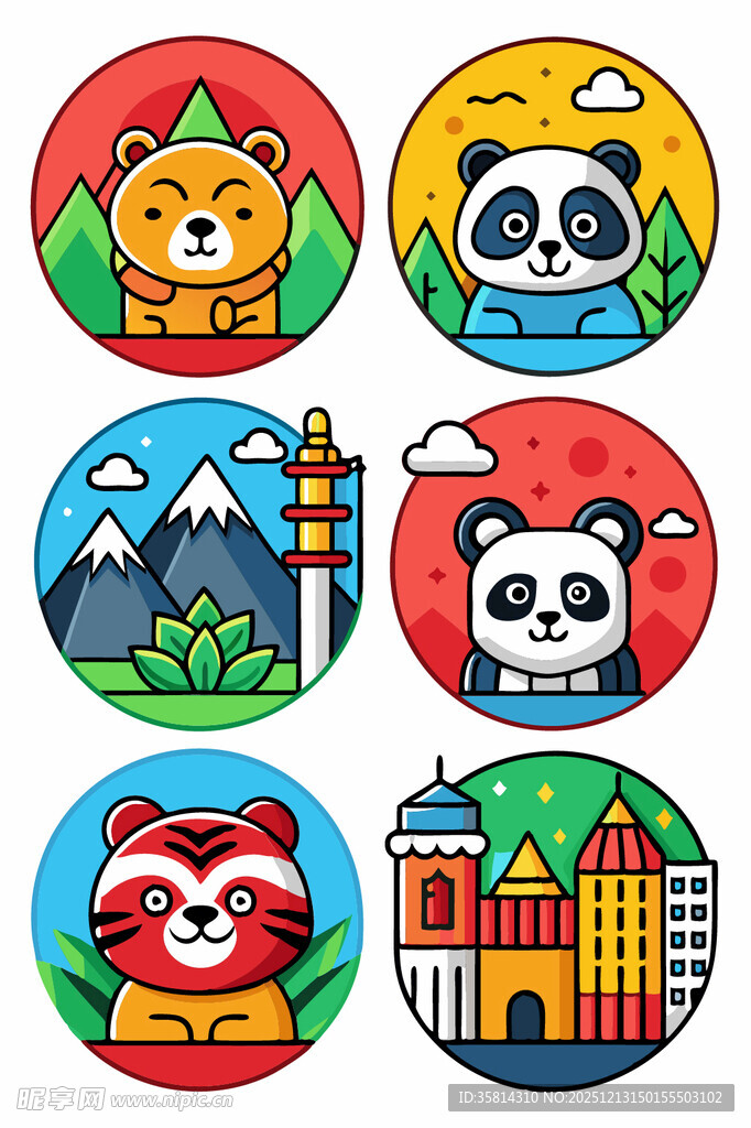 动物与建筑卡通图标集合