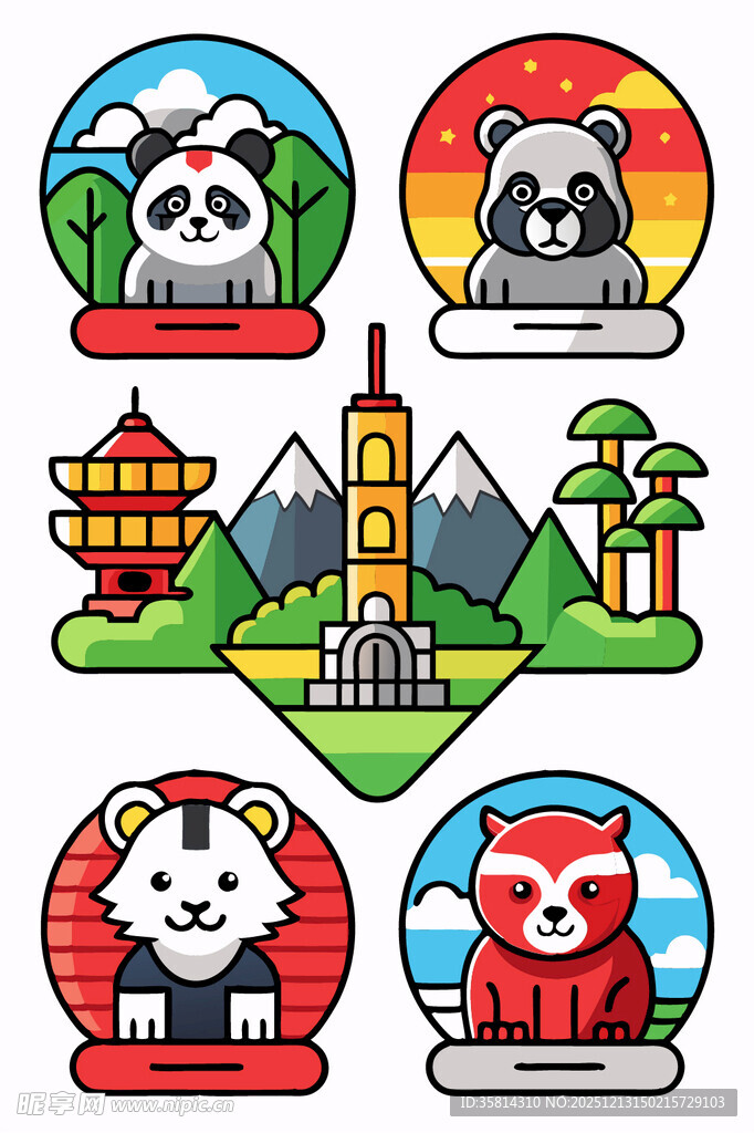 动物与地标组合卡通图案