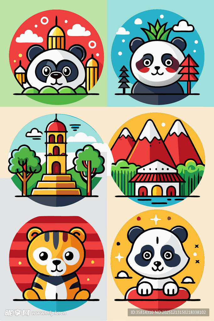 可爱动物与地标图案集合
