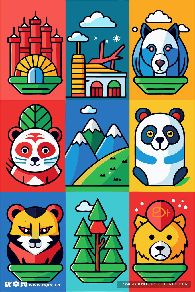 多彩动物与建筑卡通图案