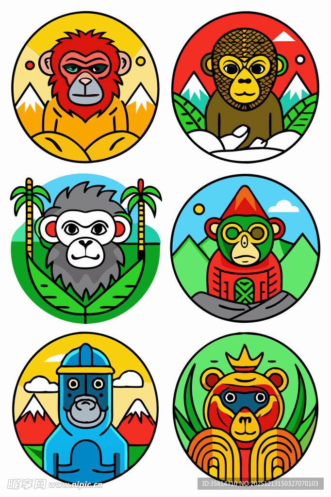 多彩动物主题圆形图案设计