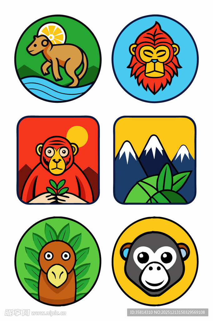 动物主题彩色圆形图标集