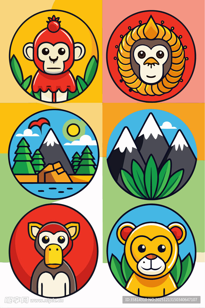 多彩动物与自然风景图标