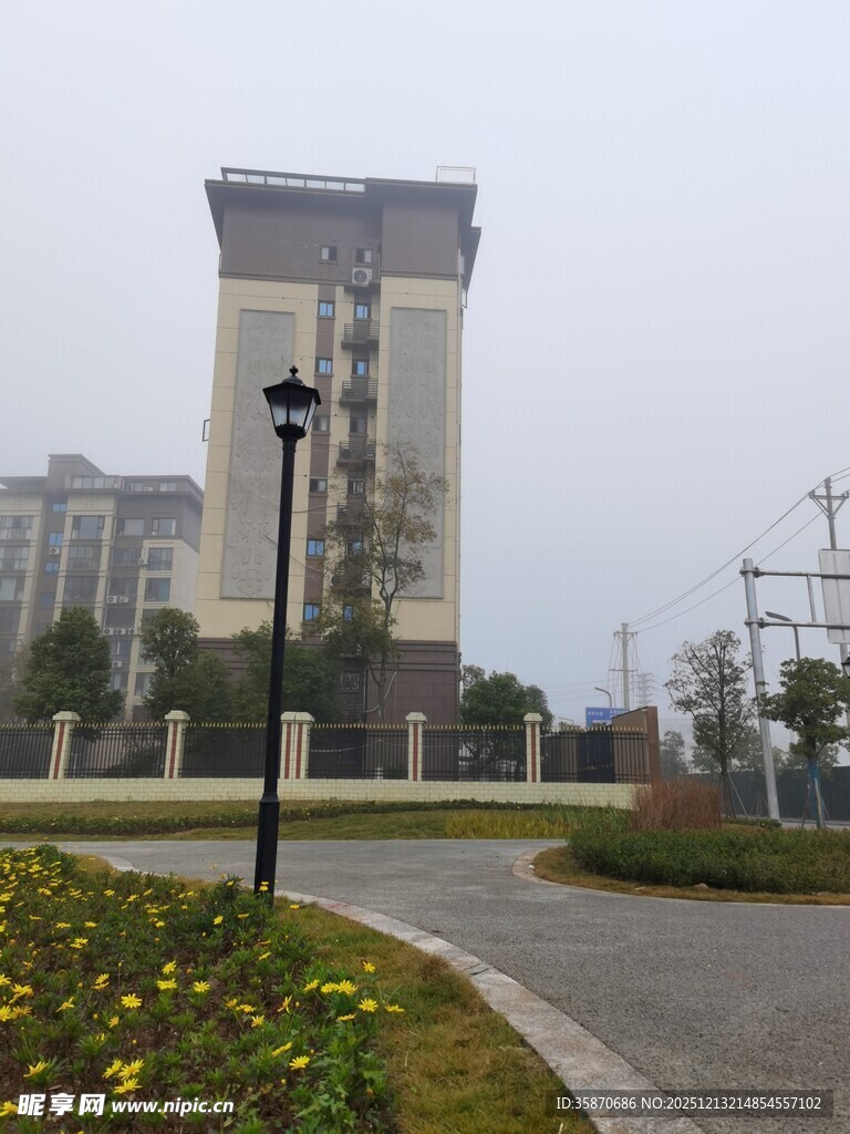 城市中高楼旁的绿化景观