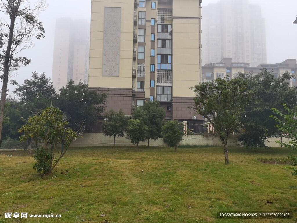 雾中高层住宅与绿地景观