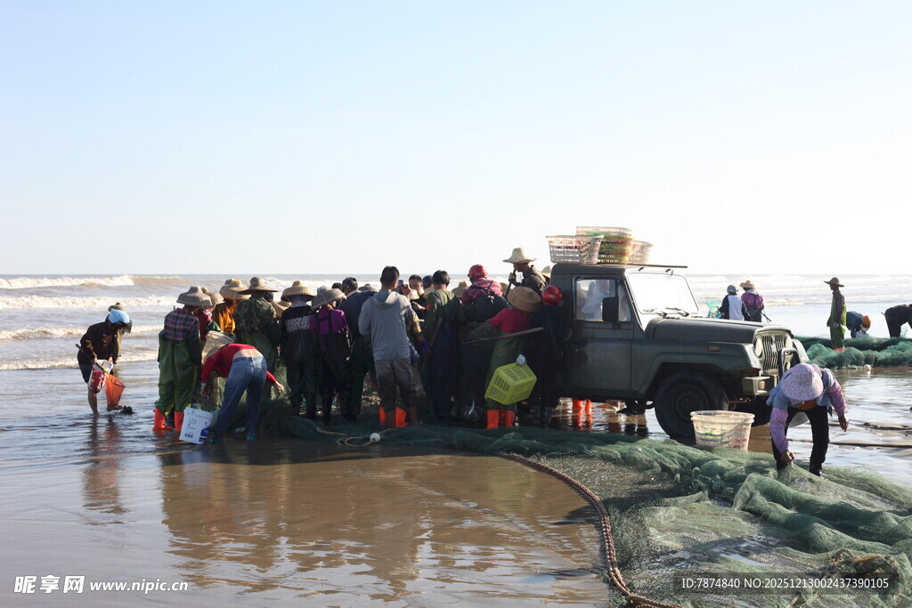 海边渔民拉网捕鱼场景