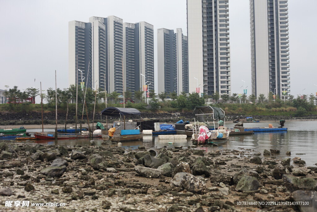 海滨城市岸边船只与高楼