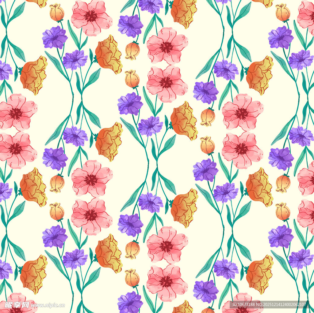 水彩花卉无缝图案背景