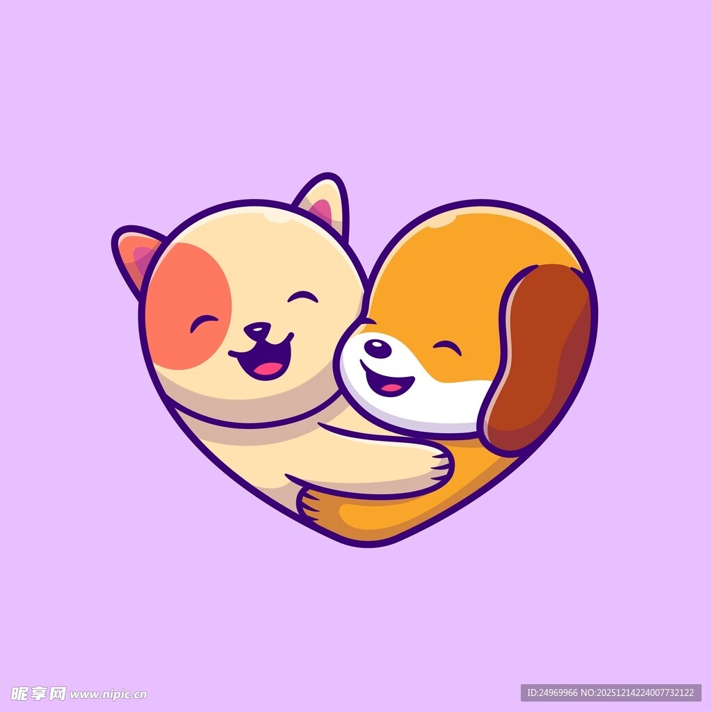 心型中相拥的猫狗