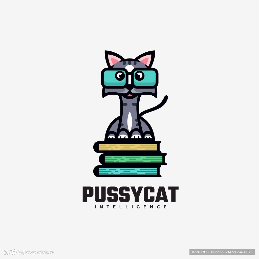 戴眼镜猫咪立于书堆