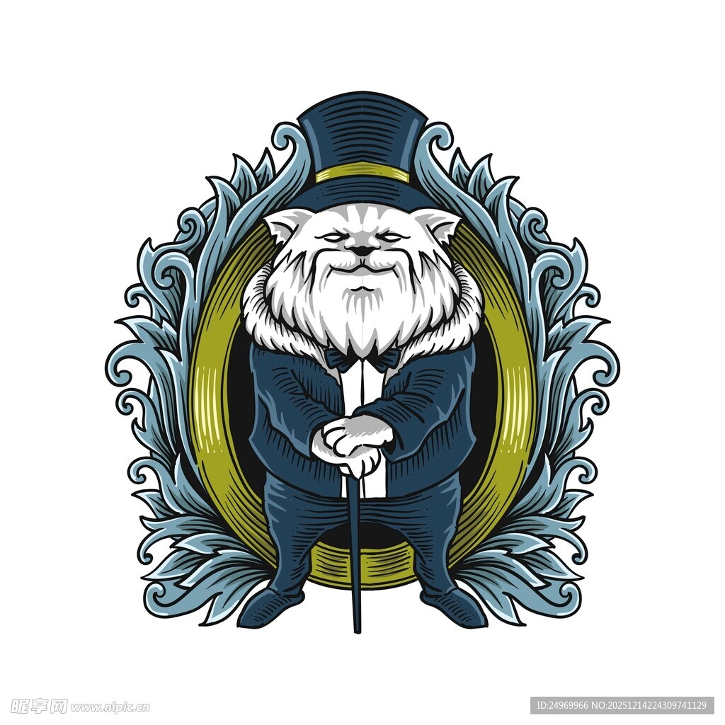 戴礼帽持杖的复古风兔子