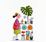 女子置身多彩盆栽间赏景