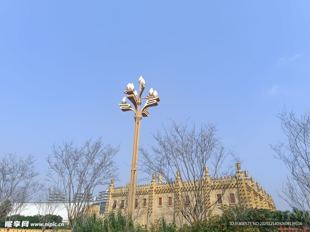 古典建筑旁的独特路灯