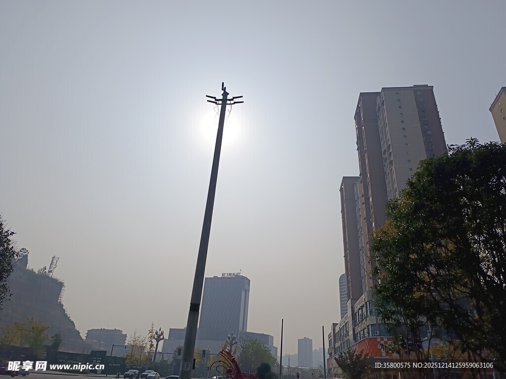 城市中高耸的电线杆与建筑