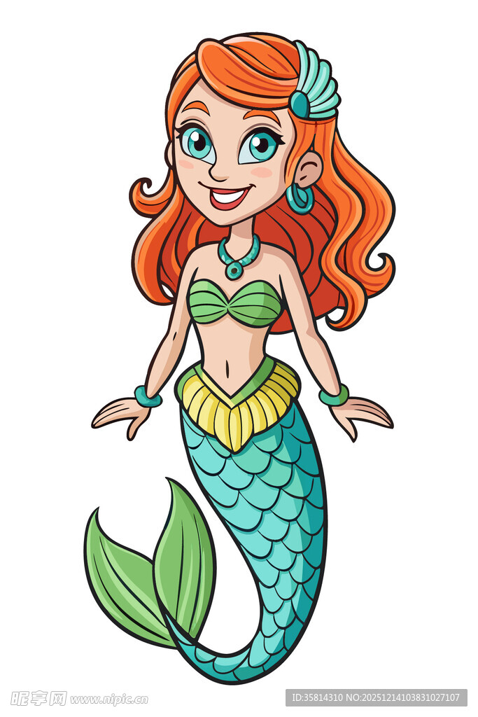 可爱红发小美人鱼插画