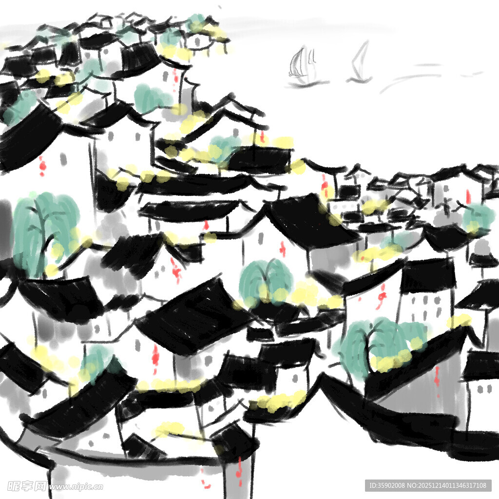 水墨风格江南屋舍风景图