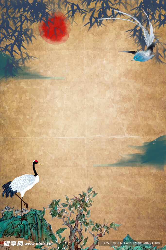 中式古风仙鹤红日山水图