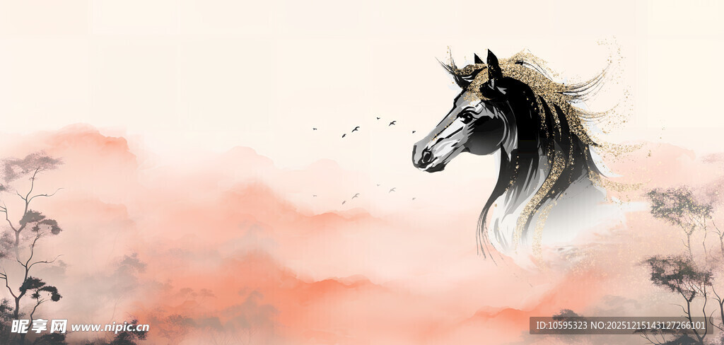 水墨骏马于云雾间奔腾
