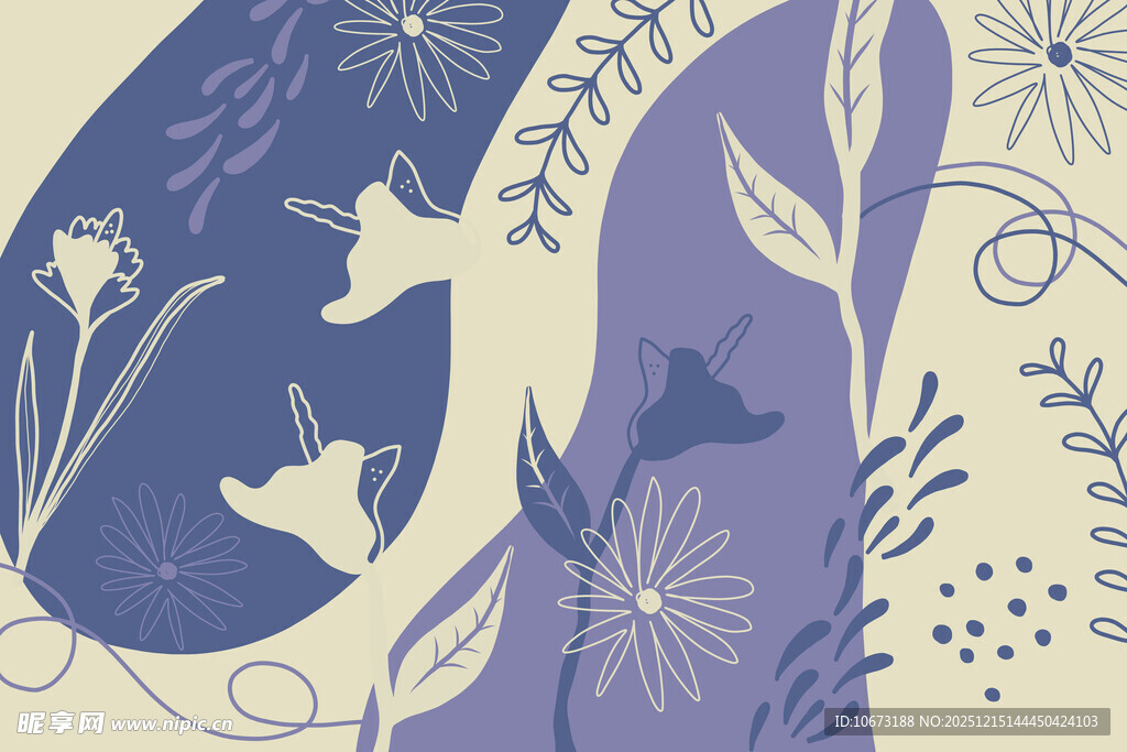 紫色花卉飞鸟装饰图案