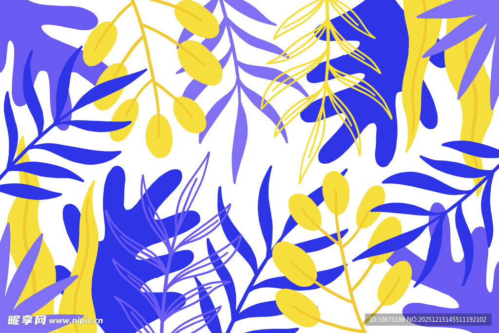 蓝黄相间热带植物图案