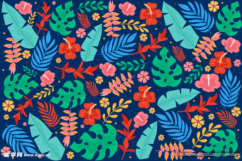 热带花卉与飞鸟图案设计