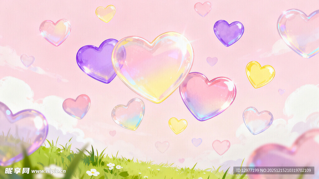 梦幻心形气球飘于花丛