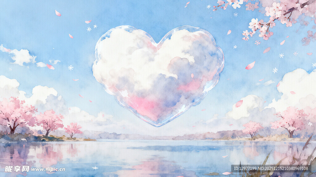 梦幻心形云朵湖畔美景