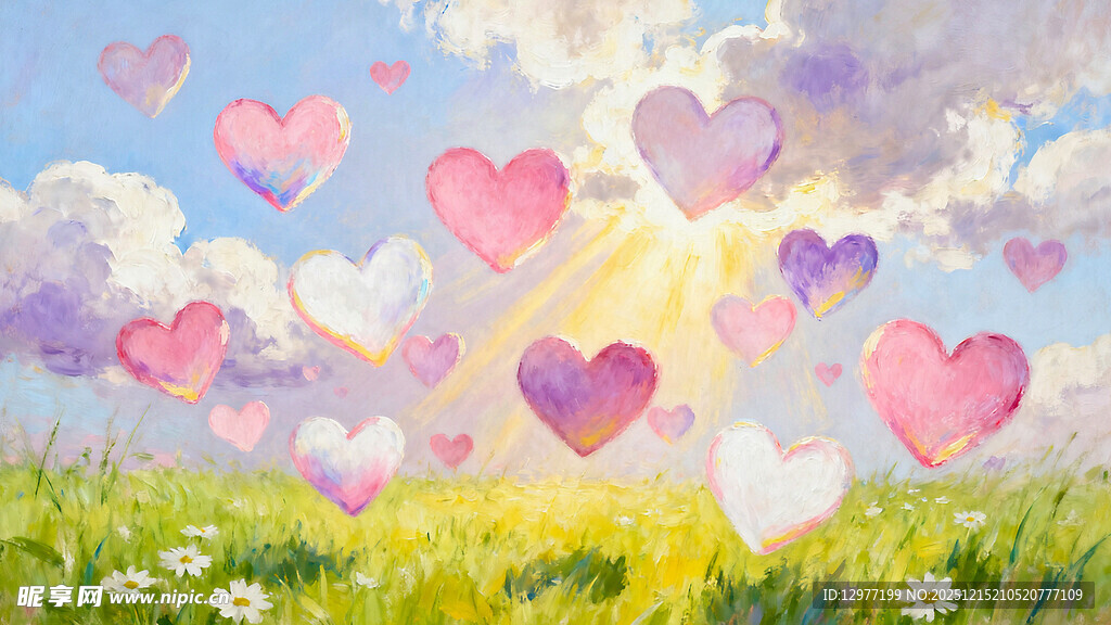 梦幻心形天空下的草地