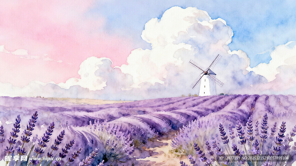 梦幻薰衣草田与风车美景