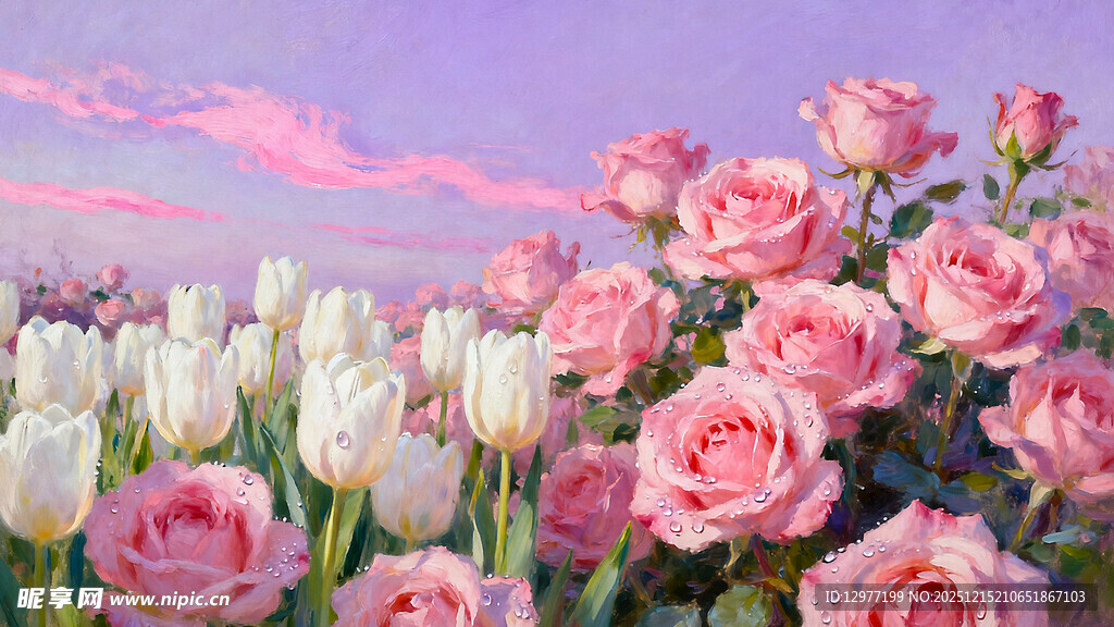 浪漫花海中的粉色与白色玫瑰