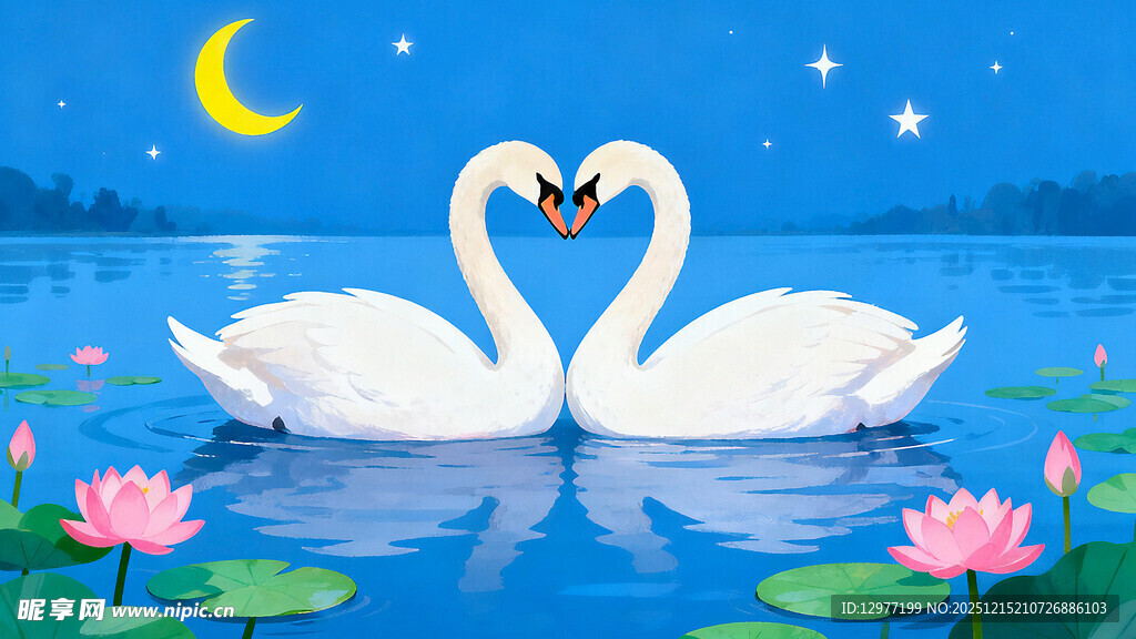 月夜下的双天鹅浪漫画面