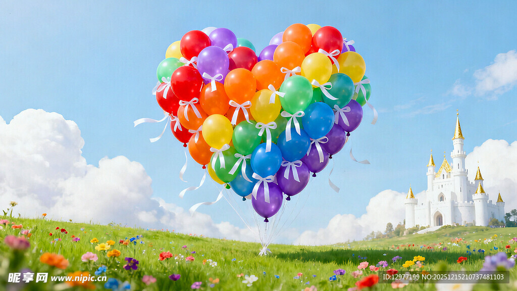 心形气球飘于梦幻风景中