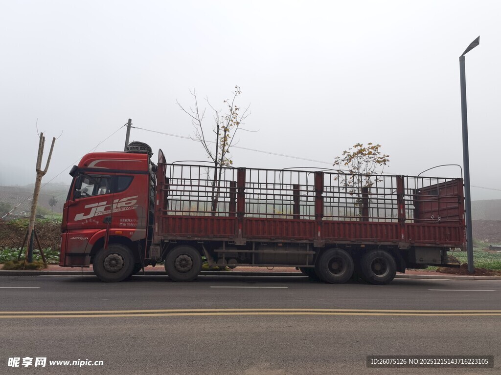 红色载货卡车停在路边