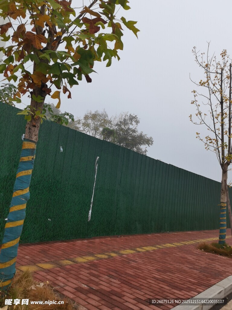 绿色围挡旁的砖砌小路